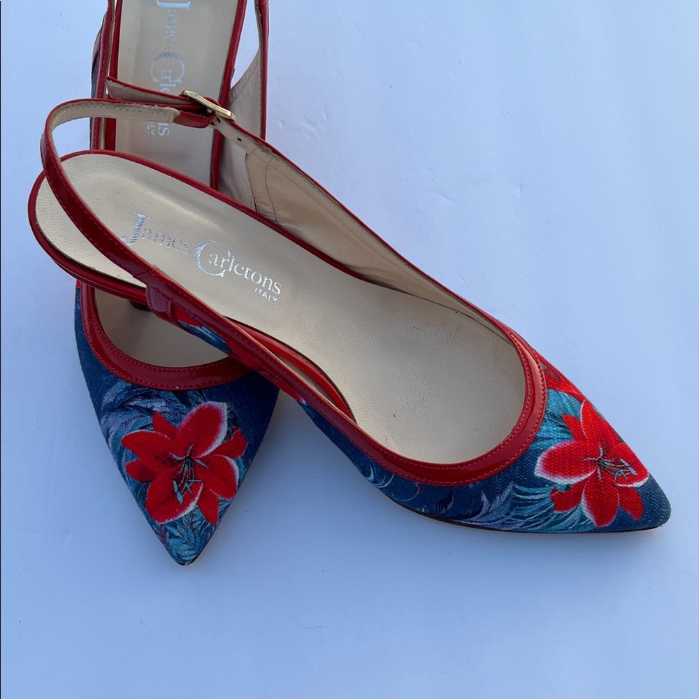 JAMES CARLETONS ITALY Classic Slingback Pumps Floral Design w/ Red Trim SZ: 7